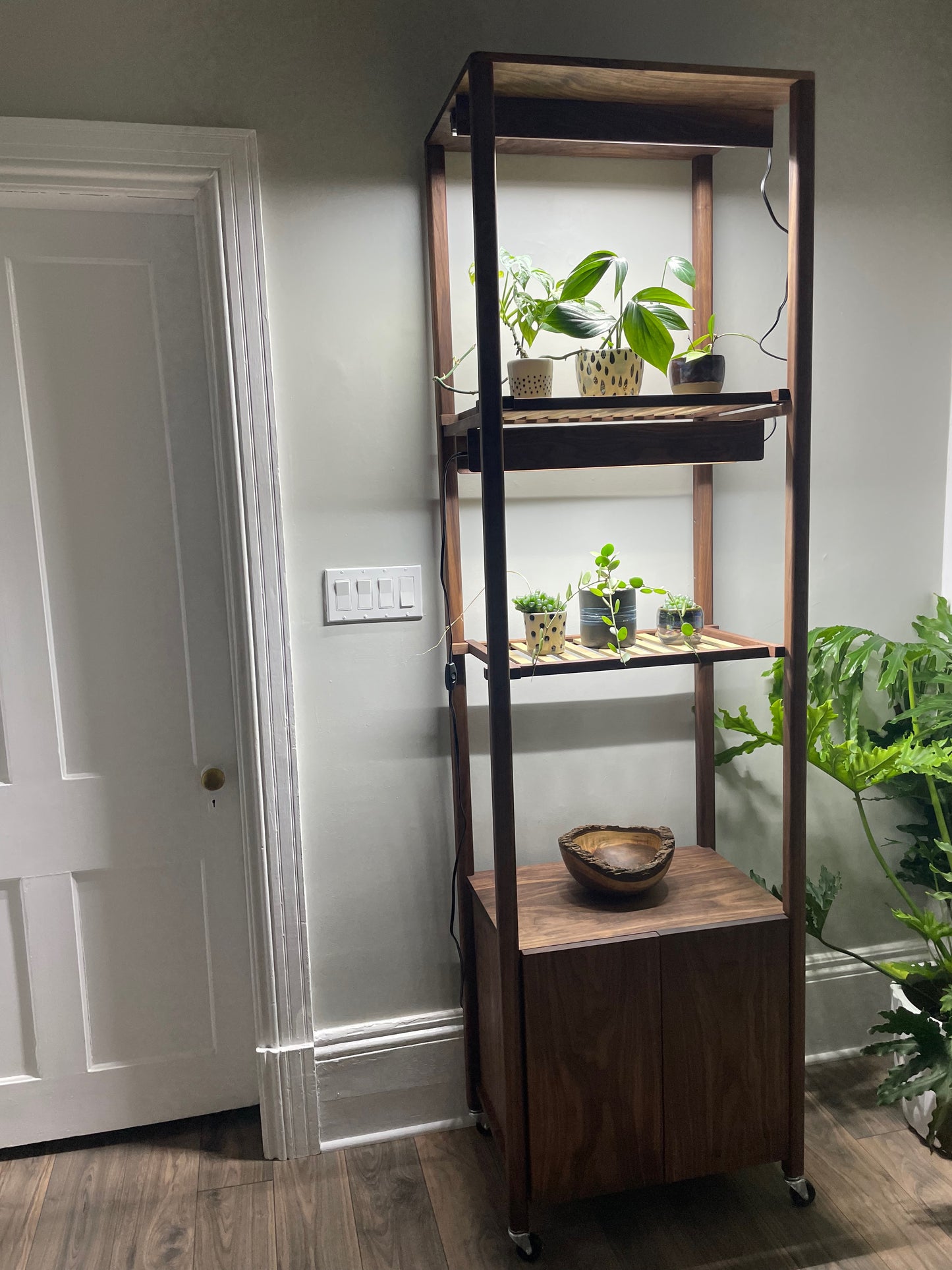Handcrafted Custom Walnut Grow Shelves with Full Spectrum LED Grow Lights. Indoor Garden