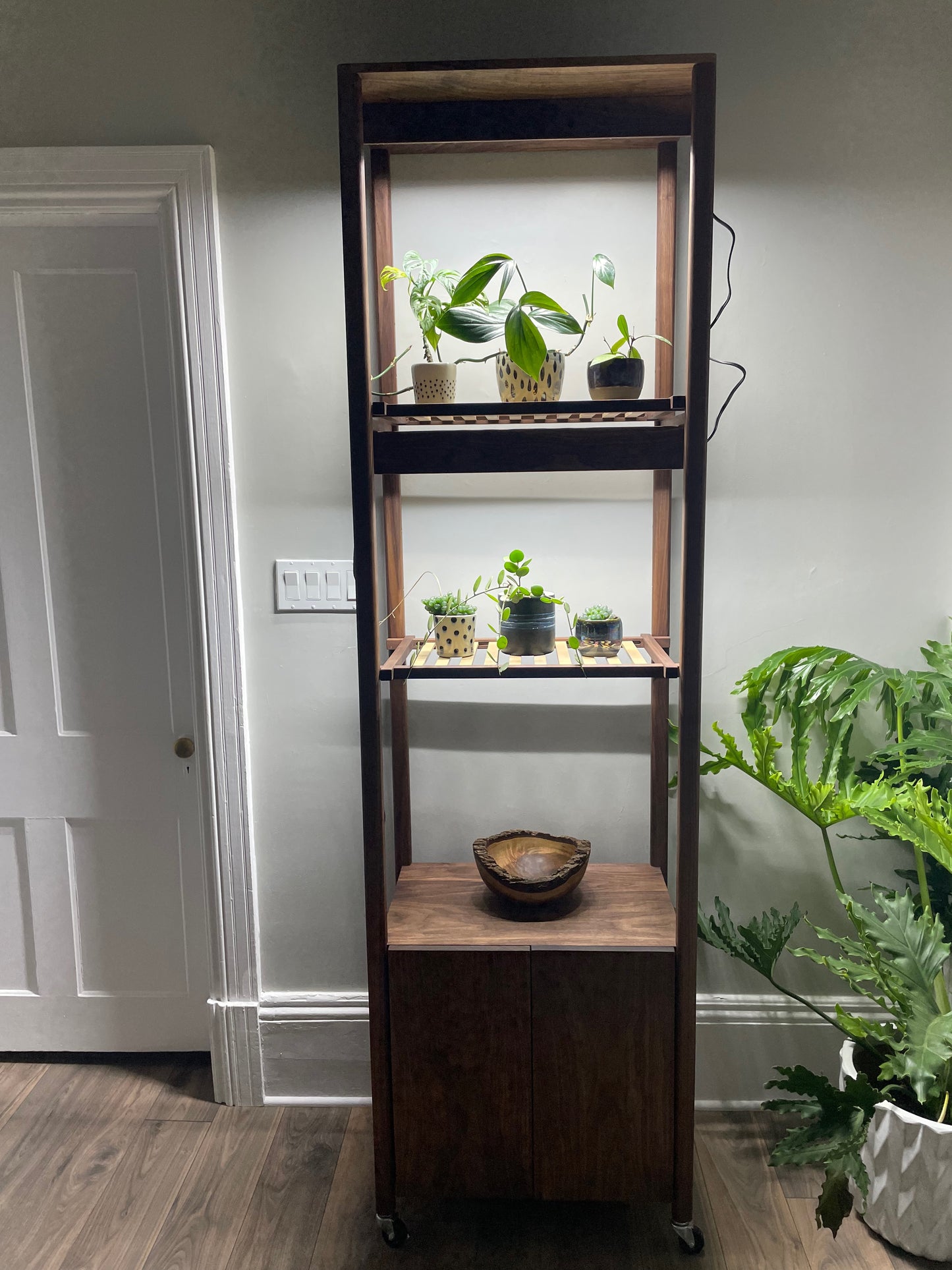 Handcrafted Custom Walnut Grow Shelves with Full Spectrum LED Grow Lights. Indoor Garden