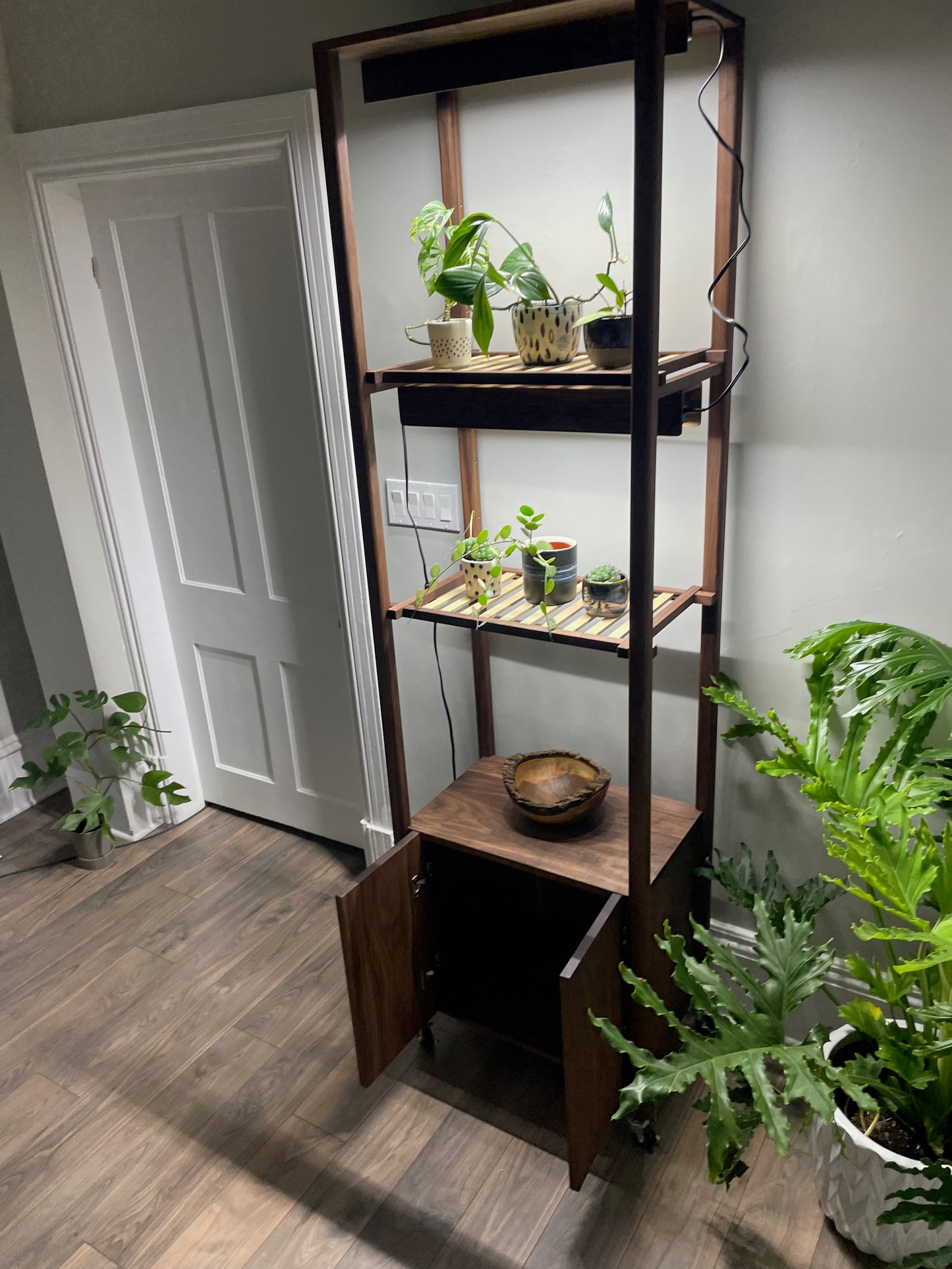 Handcrafted Custom Walnut Grow Shelves with Full Spectrum LED Grow Lights. Indoor Garden