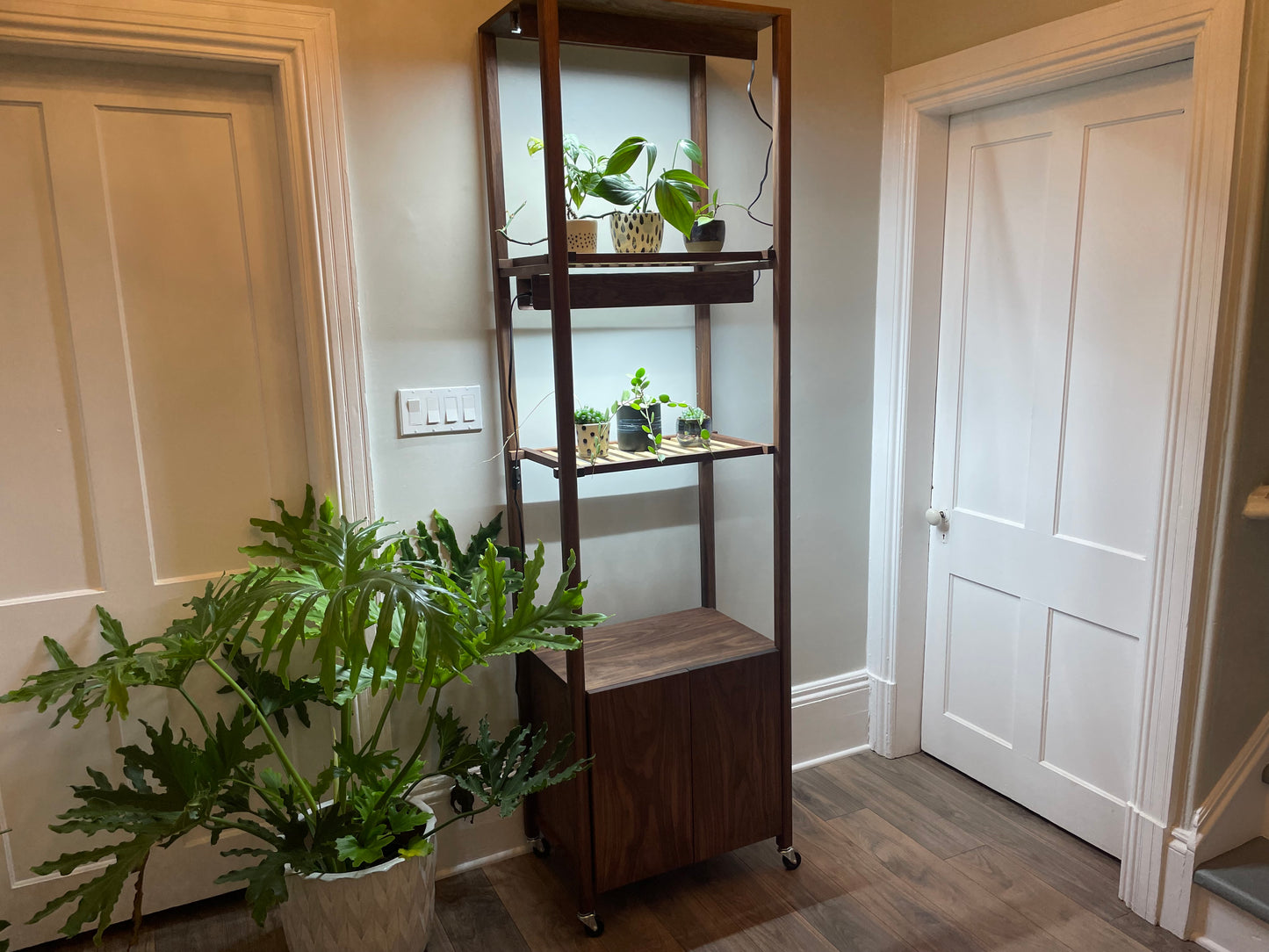 Handcrafted Custom Walnut Grow Shelves with Full Spectrum LED Grow Lights. Indoor Garden