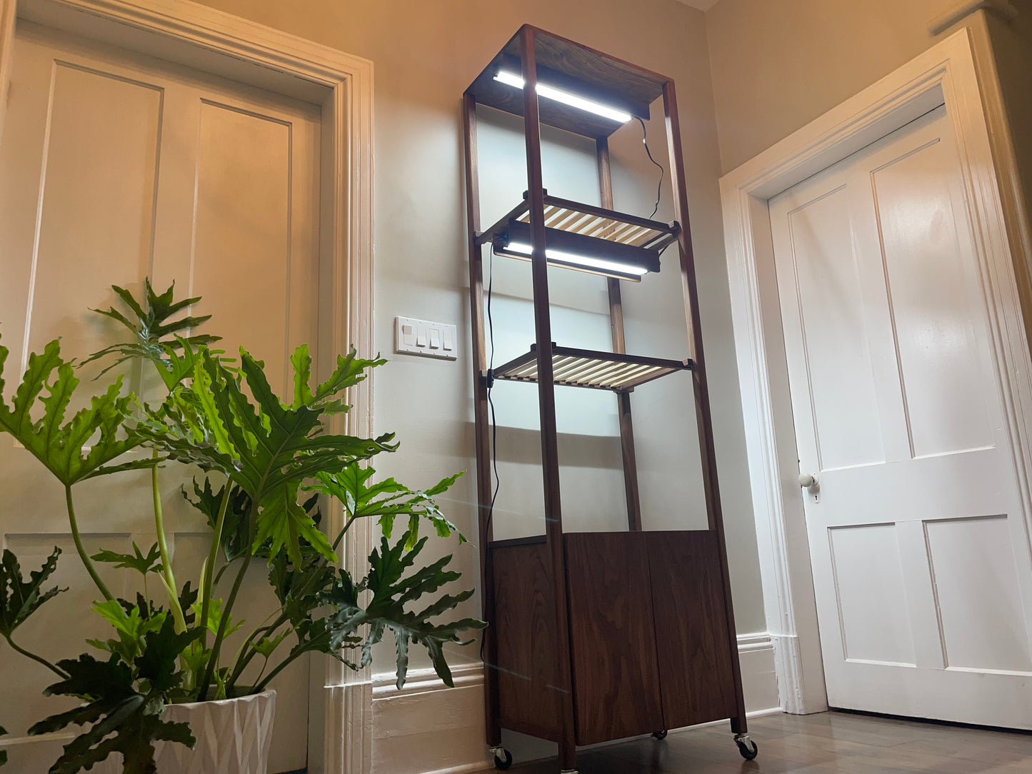 Handcrafted Custom Walnut Grow Shelves with Full Spectrum LED Grow Lights. Indoor Garden