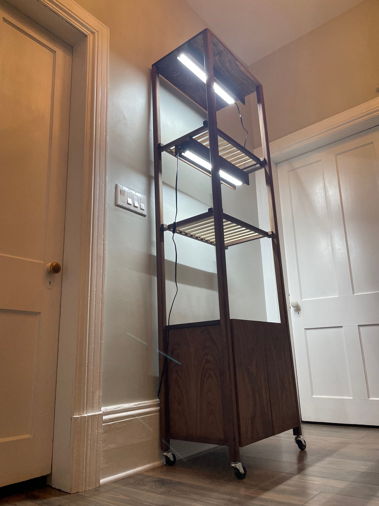 Handcrafted Custom Walnut Grow Shelves with Full Spectrum LED Grow Lights. Indoor Garden