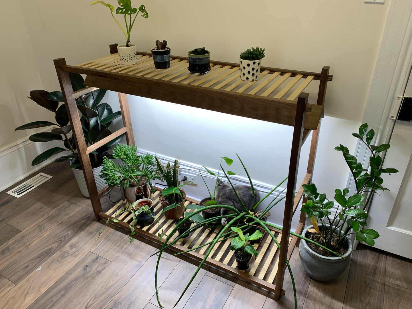 Handcrafted Walnut Grow Stand w 24" Full Spectrum LED Grow Lights. Home Garden. Sprouting.