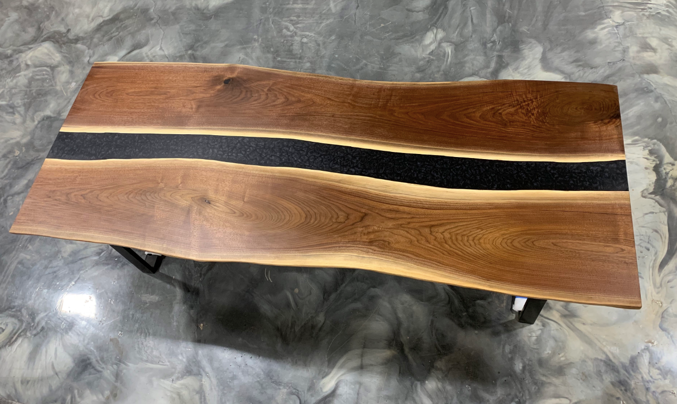 Live Edge Walnut River Table, Epoxy Pour Coffee Table w Solid Black Walnut. Dining Tables Custom