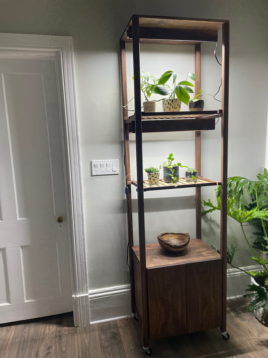 Handcrafted Custom Walnut Grow Shelves with Full Spectrum LED Grow Lights.  Indoor Garden