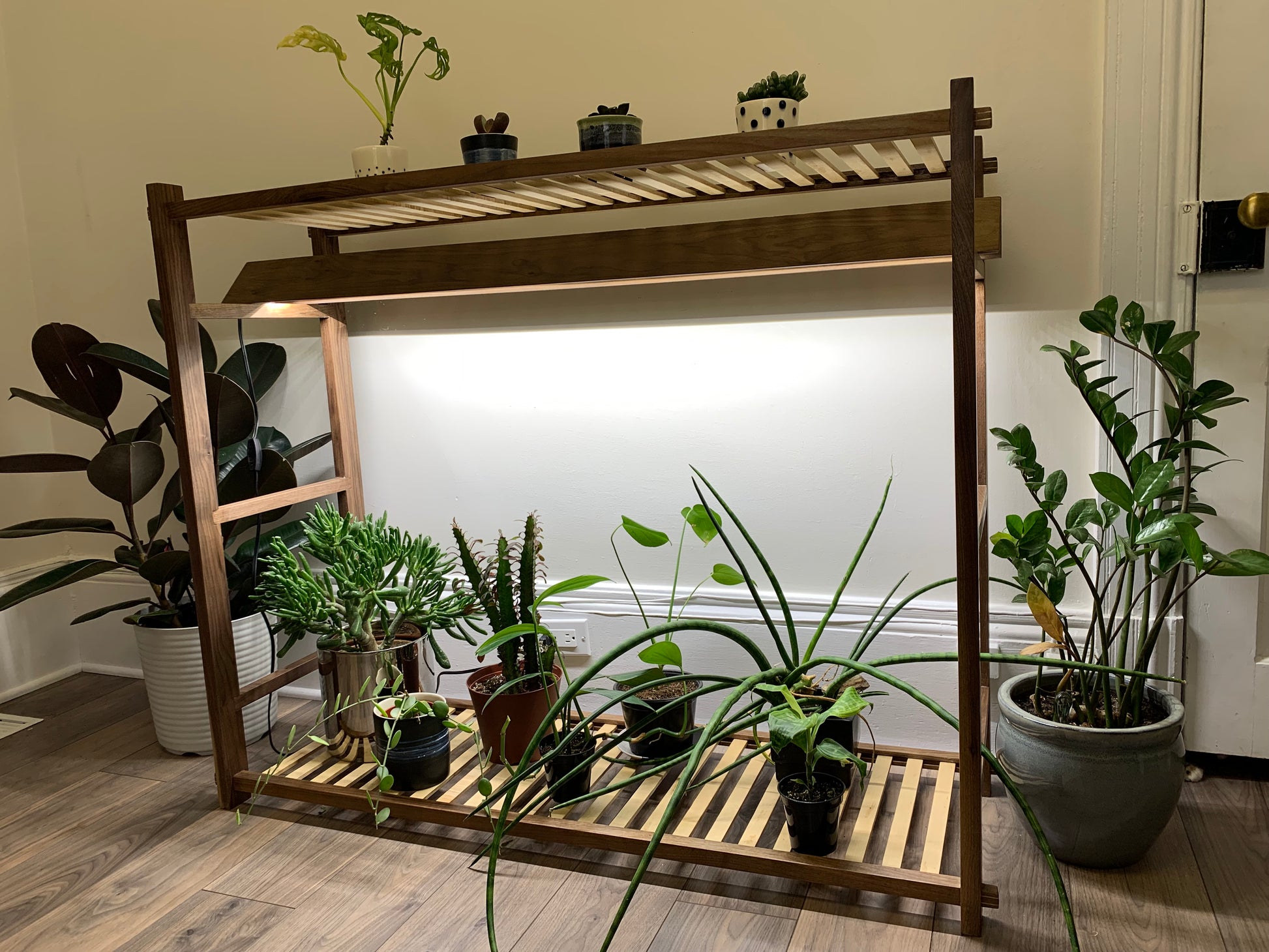 plant rack with grow lights Handcrafted Walnut Grow Stand w 24" Full Spectrum LED Grow Lights. Hom – Hidden Rabbit Designs