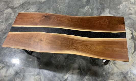 Live Edge Walnut River Table, Epoxy Pour Coffee Table w Solid Black Walnut.  Dining Tables Custom